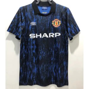 Manchester United retro bortatröja vuxen 1992/93 blå matchtröja med snörning i kragen och Marcus Rashford namn och nummer tryck